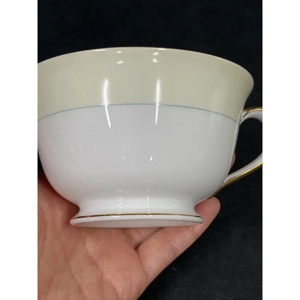 1930s Noritake Tiffany M Teacup Saucer Plate 4 Pc Set Gold Trim Ivory Aqua Beige